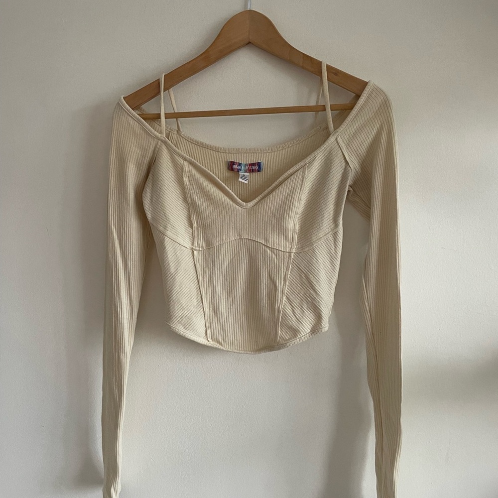 Urban Outfitters Cream Corset Fairycore Romantic Ribbed Off-Shoulder Crop Top